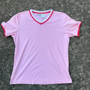 Cabin Creek Pink V-Neck Tee Shirt Large Made in USA Y2K Retro Ringer T-Shirt